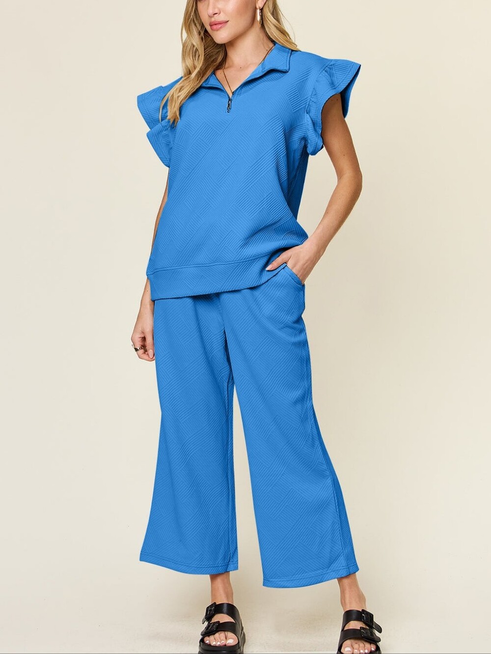 Double Take Texture Ruffle Short Sleeve Top and Wide Leg Pants Set